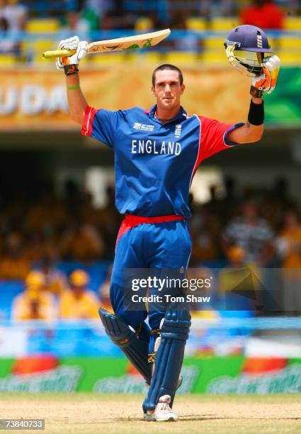 Kevin Pietersen of England celebrates his century during the ICC Cricket World Cup Super Eights match between Australia and England at the Sir Vivian...