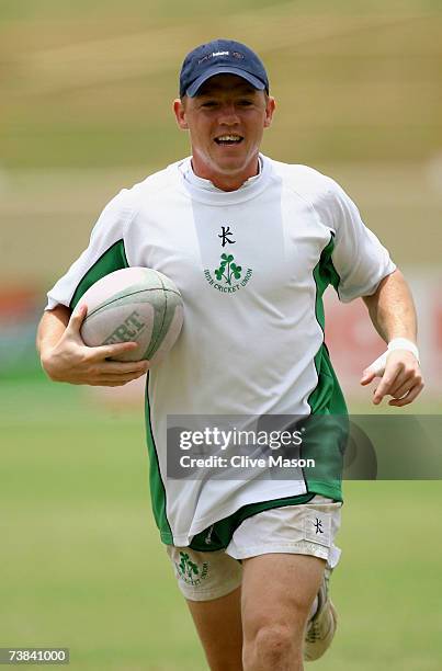 Niall O'Brien of Ireland in action during a training session ahead of the ICC Cricket World Cup Super Eights match between Ireland and New Zealand at...