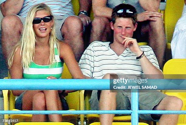 St John's, ANTIGUA AND BARBUDA: Britain's Prince Harry and his girlfriend Chelsy Davy watch the ICC World Cup Cricket 2007 Super Eight match between...