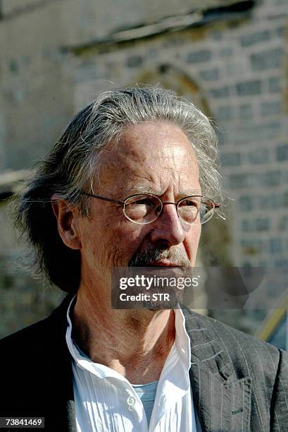 Pristina, SERBIA AND MONTENEGRO: Austrian author Peter Handke visits the Serb Orthodox Church of Sveti Stefan in the village of Velika Hoca, some...