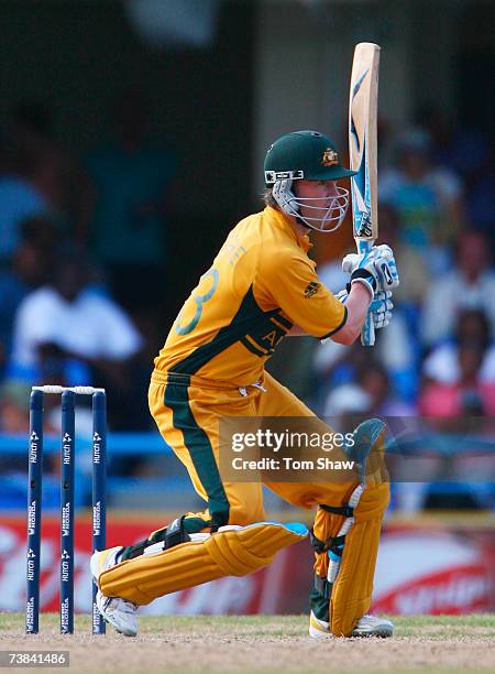 Michael Clarke of Australia in action during the ICC Cricket World Cup Super Eights match between Australia and England at the Sir Vivian Richards...
