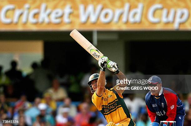 St John's, ANTIGUA AND BARBUDA: Australian captain Ricky Ponting drives to the boundary during the ICC World Cup Cricket 2007 Super Eight match...