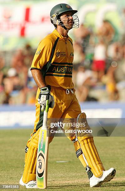 St John's, ANTIGUA AND BARBUDA: Australian captain Ricky Ponting leaves the field after being dismissed during the ICC World Cup Cricket 2007 Super...