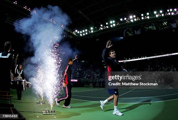Mike and Bob Bryan are introduced before the fourth rubber of the Davis Cup quarterfinal tie against Spain April 8, 2007 at Joel Coliseum in...