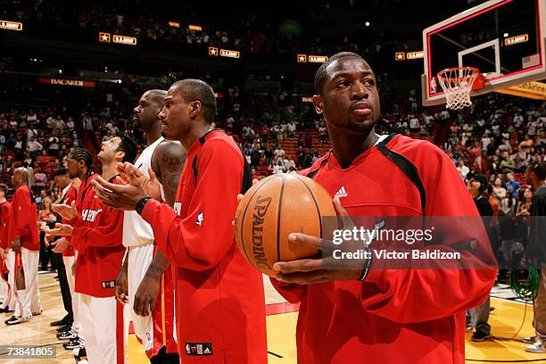 Dwyane Wade of the Miami Heat warms up before playing against the Charlotte Bobcats on April 8, 2007 at American Airlines Arena in Miami, Florida....