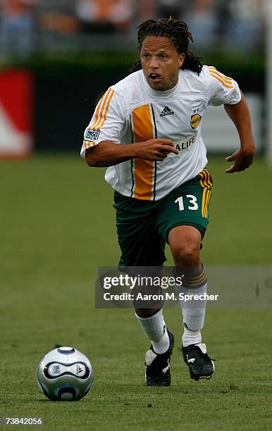 Cobi Jones of the Los Angeles Galaxy controls the ball against the Houston Dynamo during their MLS game at Robertson Stadium on April 8, 2007 in...