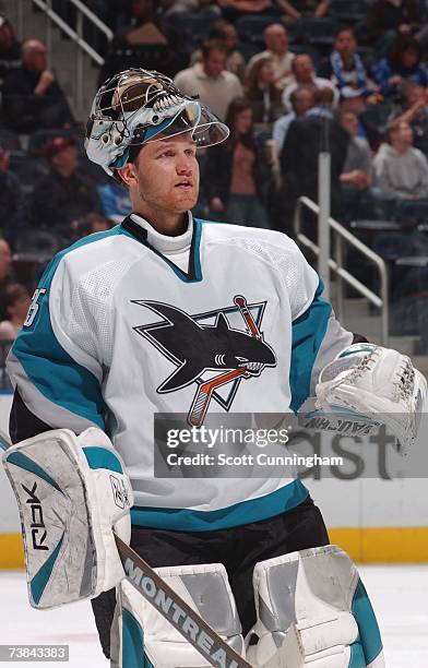 Goaltender Vesa Toskala of the San Jose Sharks looks on against the Atlanta Thrashers during their NHL game on March 22, 2007 at Philips Arena in...