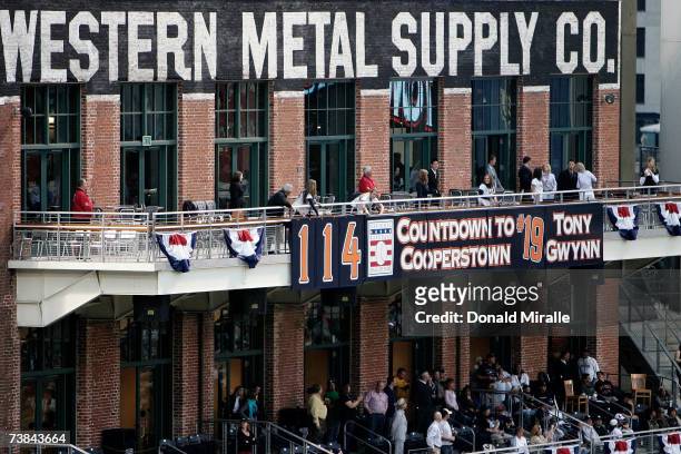 Banner is hung on the Western Metal Supply Co. Building counting down the days until former San Diego Padres right fielder Tony Gwynn is enshrined...