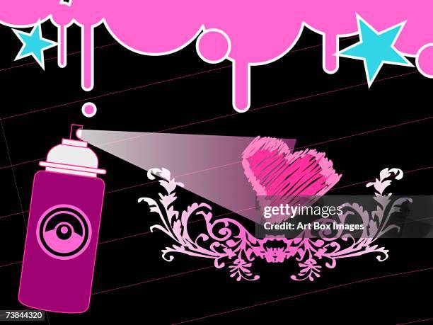 close-up of a perfume bottle spraying on a heart - empty bottle black background stock illustrations