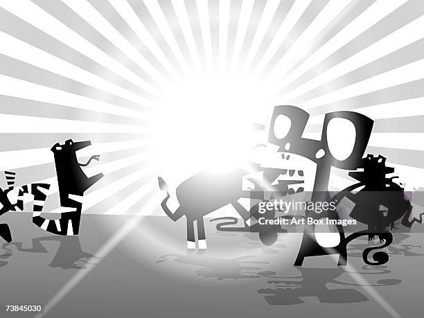 group of animals in front of the rising sun - sunbeam snake stock illustrations