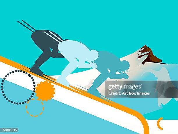 side profile of three people skiing - looppiste stock illustrations