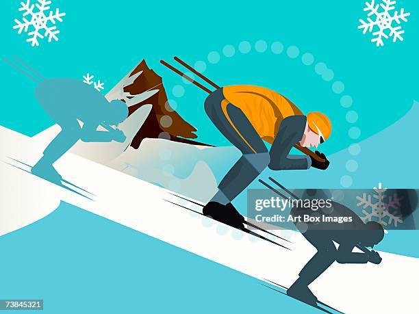 side profile of three people skiing - looppiste stock illustrations