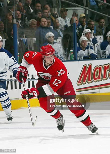 Eric Staal of the Carolina Hurricanes skates for the puck against the Toronto Maple Leafs at the Air Canada Centre on March 27, 2007 in Toronto,...