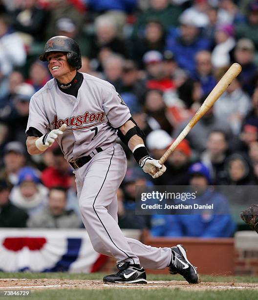 Craig Biggio of the Houston Astros hits his second double of the game against the Chicago Cubs during the Cubs home opener on April 9, 2007 at...