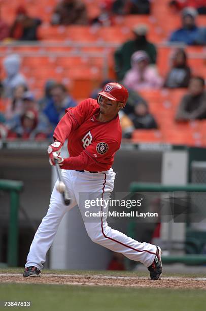 Felipe Lopez of the Washington Nationals bats against the Arizona Diamondbacks on April 8, 2007 at RFK Stadium in Washington D.C. The Diamonbacks won...