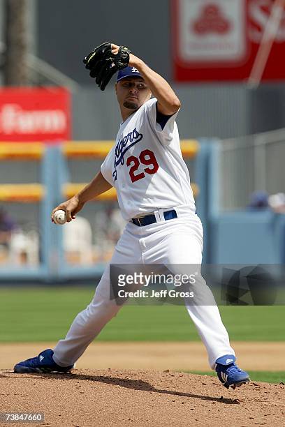 Pitcher Jason Schmidt of the Los Angeles Dodgers on the mound against the Colorado Rockies on opening day at Dodger Stadium on April 9, 2007 in Los...