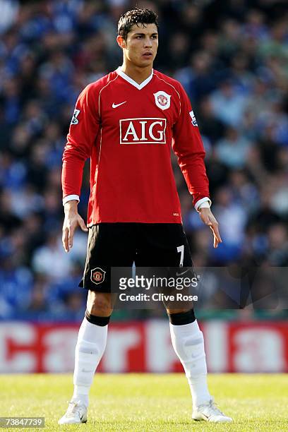 Cristiano Ronaldo of Manchester United looks to take a free kick during the Barclays Premiership match between Portsmouth and Manchester United at...