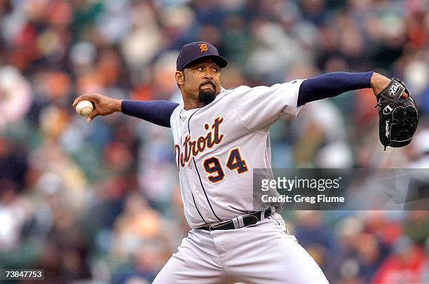 Jose Mesa of the Detroit Tigers pitches against the Baltimore Orioles during the home opener at Camden Yards April 9, 2007 in Baltimore, Maryland.