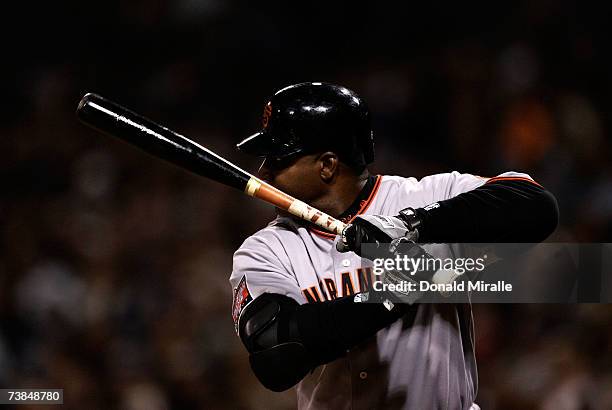 Barry Bonds of the San Francisco Giants at a bat against the San Diego Padres on April 9, 2007 at Petco Park in San Diego, California.