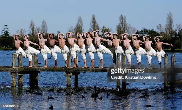 Dancers pose at the photocall prior to the first night of the Melbourne leg of Matthew Bourne's reinvention of Tchaikovsky's Swan Lake, at Albert...