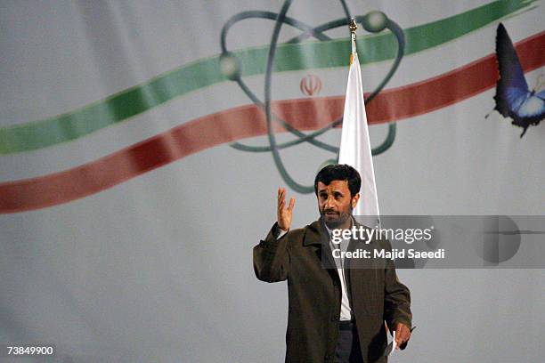 Iranian president Mahmoud Ahmadinejad speaks at a ceremony at the Natanz nuclear enrichment facility, on April 9 180 miles south of Tehran, Iran....