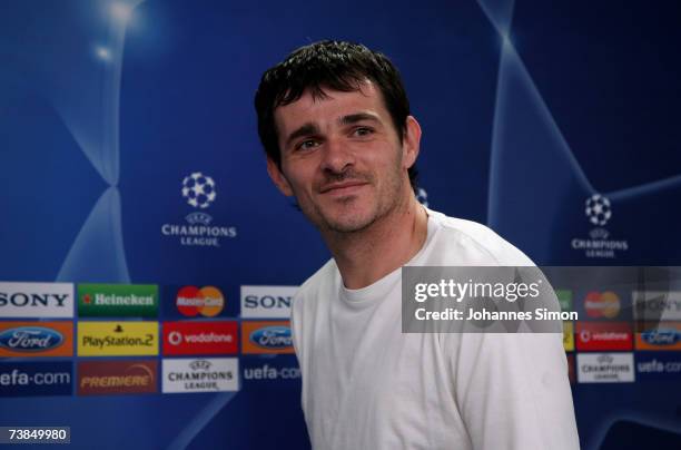 Willy Sagnol, injured French defender of Bayern Munich, addresses the media during the Bayern Munich press conference at Bayern's training ground...