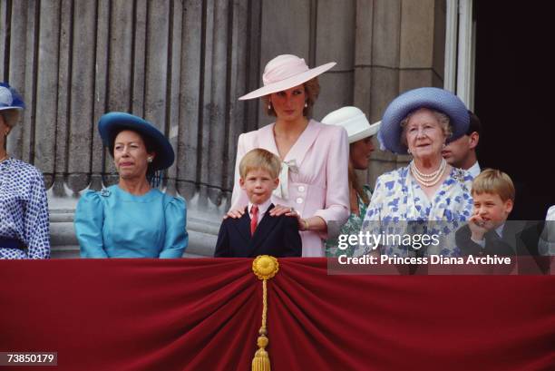 Princess Diana wearing a Victor Edelstein dress as she watches the Trooping of the Colour from a balcony at Buckingham Palace, London, June 1989....