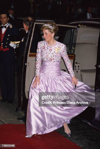 Princess Diana arriving at Claridges for a Nigerian state banquet wearing a Catherine Walker gown and the Spencer family tiara, March 1989.