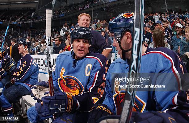 Scott Mellanby and J.P. Vigier of the Atlanta Thrashers sit on the bench during the game against the Washington Capitals on March 12, 2007 at Philips...