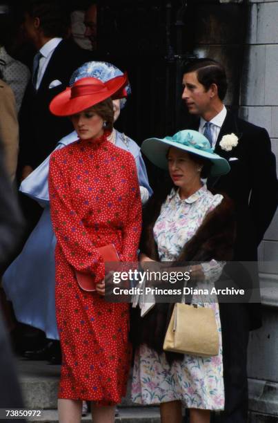 Lady Diana Spencer with her fiance Prince Charles and Princess Margaret at the wedding of Nicholas Soames and Catherine Weatherall at St. Margaret's...