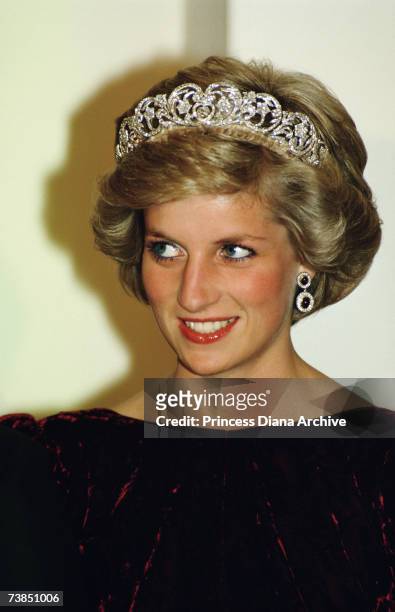 Princess Diana at a state dinner in Canberra, November 1985.