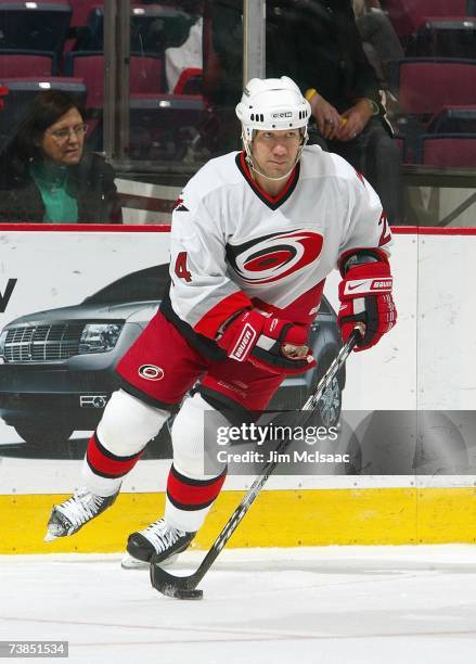 Scott Walker of the Carolina Hurricanes handles the puck during the game against the New Jersey Devils on March 17, 2007 at Continental Airlines...