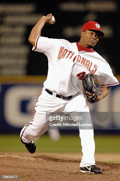 Jesus Colome of the Washington Nationals pitches during a baseball game against the Arizona Diamondbacks on April 7, 2007 at RFK Stadium in...