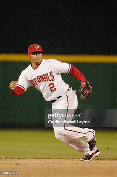 Felipe Lopez of the Washington Nationals plays shortstop during a baseball game against the Arizona Diamondbacks on April 7, 2007 at RFK Stadium in...