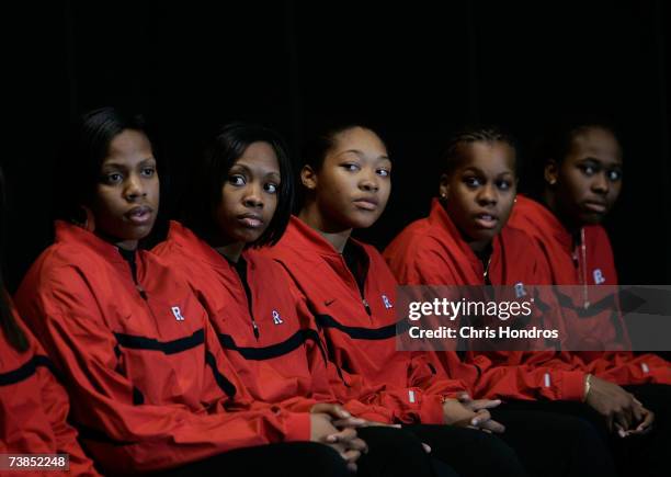 Rutgers women's basketball players attend a news conference at the school's basketball arena April 10, 2007 in Piscataway, New Jersey. The team was...