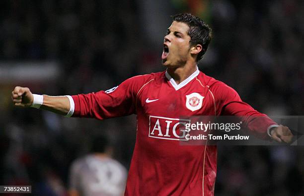Cristiano Ronaldo of Manchester United celebrates Alan Smith scoring their second goal during the UEFA Champions League Quarter Final second leg...