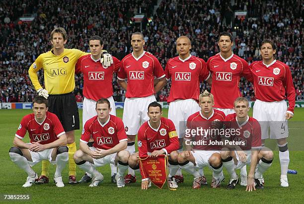 The Manchester United team line up ahead of the UEFA Champions League Quarter Final second leg match between Manchester United and AS Roma at Old...