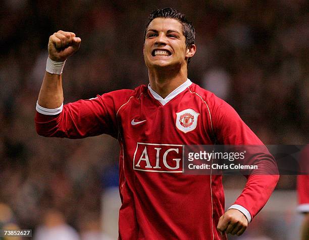 Cristiano Ronaldo of Manchester United celebrates scoring their fourth goal during the UEFA Champions League Quarter Final second leg match between...