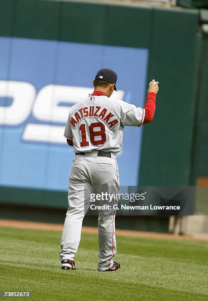 Daisuke Matsuzaka of the Boston Red Sox walks on the field during the game against the Kansas City Royals on April 5, 2007 at Kauffman Stadium in...
