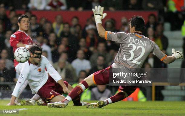 Cristiano Ronaldo of Manchester United has a shot on goal during the UEFA Champions League Quarter Final second leg match between Manchester United...