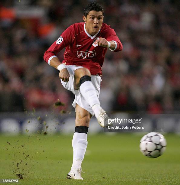 Cristiano Ronaldo of Manchester United in action during the UEFA Champions League Quarter Final second leg match between Manchester United and AS...