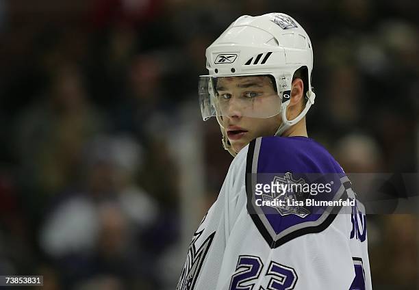 Dustin Brown of the Los Angeles Kings looks on against the Anaheim Ducks on March 18, 2007 at the Honda Center in Anaheim, California. The Kings won...
