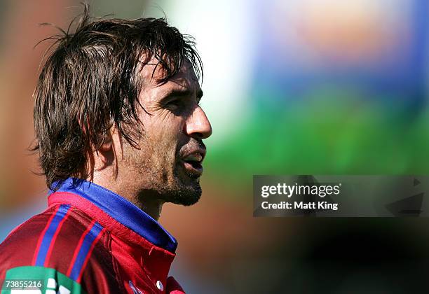 Andrew Johns of the Knights looks on during the round two NRL match between the Canberra Raiders and the Newcastle Knights at Canberra Stadium on...