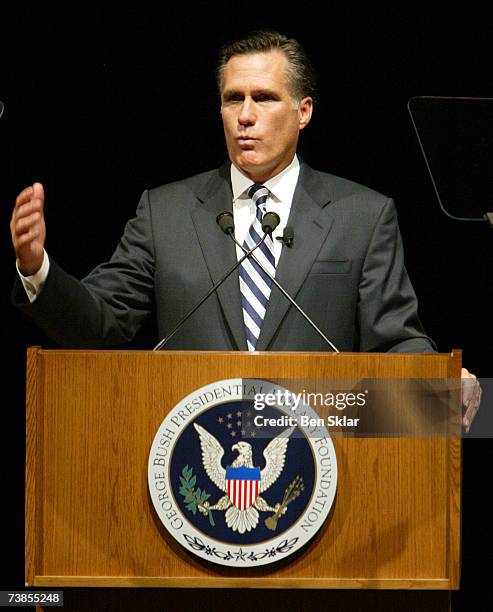 Former Governor of Massachusetts and 2008 Republican Presidential hopeful Mitt Romney speaks at the George H.W. Bush Presidential Library at Texas...