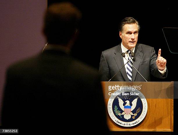 Former Governor of Massachusetts and 2008 Republican Presidential hopeful Mitt Romney speaks at the George H.W. Bush Presidential Library at Texas...