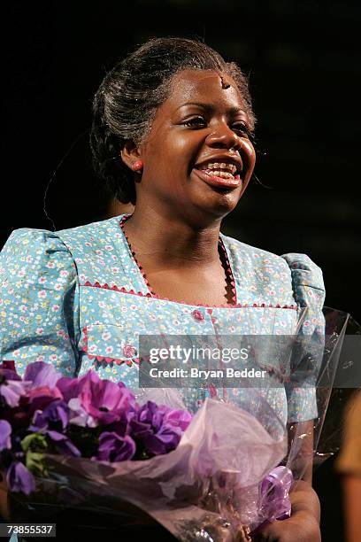 Singer Fantasia debuts on stage during the curtain call of The Color Purple at the Broadway Theater April 10, 2007 in New York City.