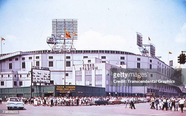 The exterior of Tiger Stadium in Detroit is the subject of this c.1960 color postcard.
