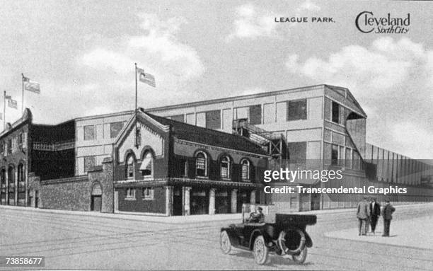 View of the exterior of League Park in Cleveland, from a 1910 postcard.