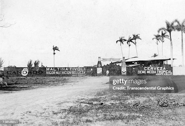 View of the entrance to Tropical Cerveza Park in Guines, Havana Province, Cuba, in 1927.