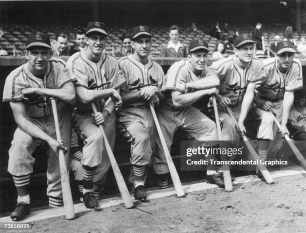 Group of St. Louis Cardinals pose for a portrait in Sportsmans Park in St. Louis before the start of game one of the 1942 World Series on October 4....